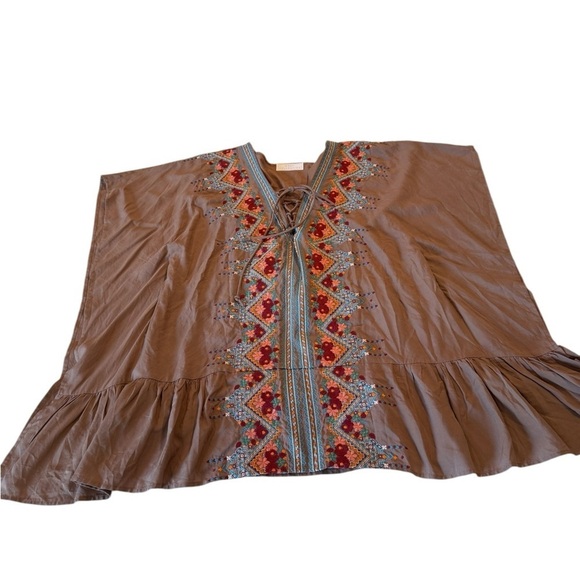Tan Embroidered Lace Up Ruffle Bottom Boxy Batwing Top Cover Up Size S Boutique - Picture 6 of 15